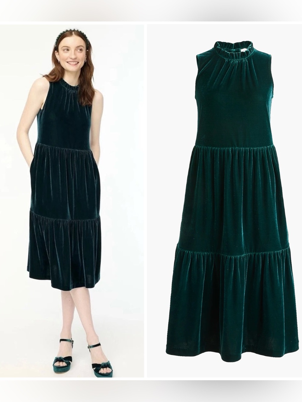 $128 NWOT J.Crew Forest Green Velvet Sleeveless Tiered Cocktail Midi Dress Sz 8